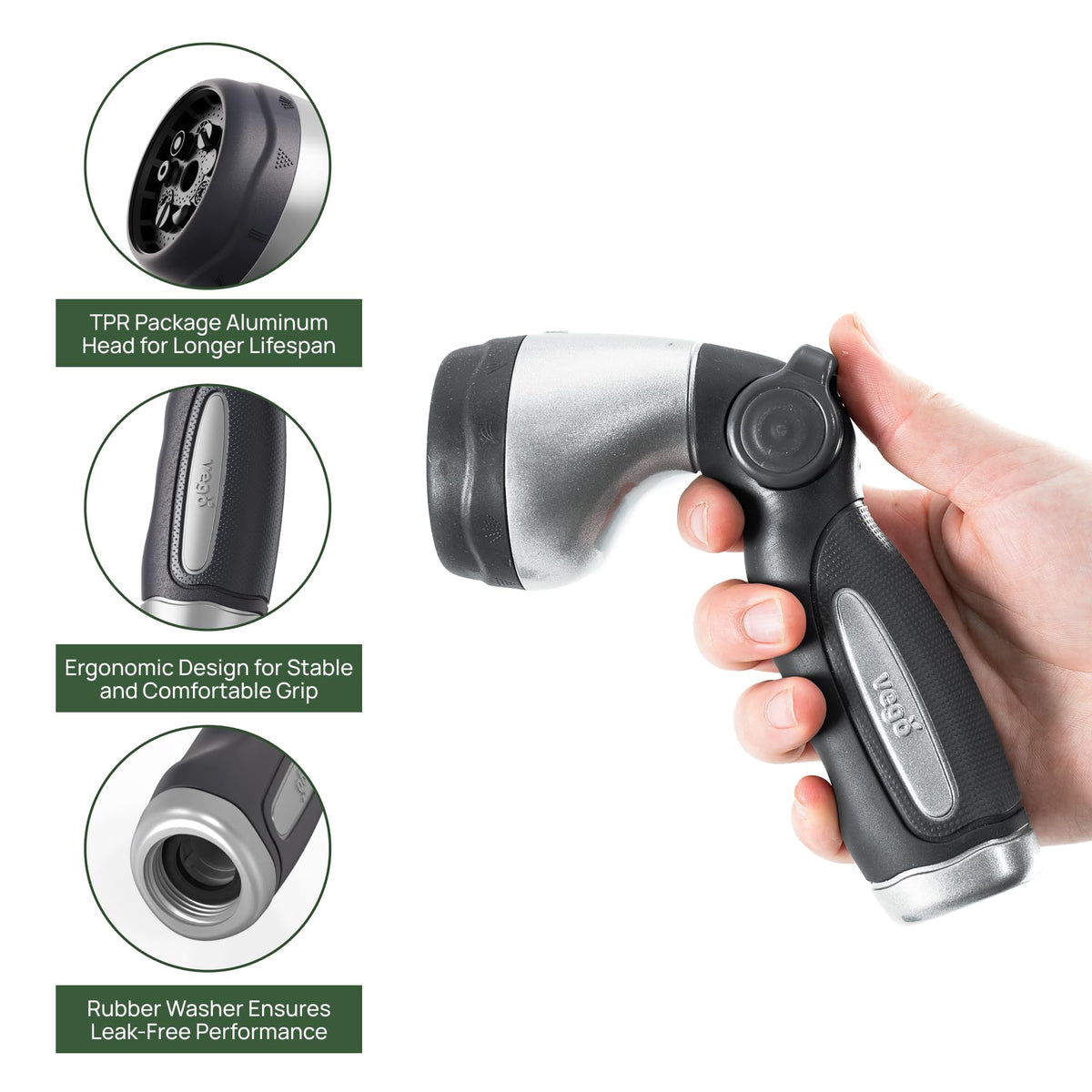 Vego garden hose nozzle anti-slip handle for a comfortable, secure grip.