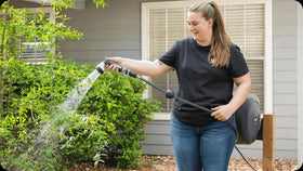 Vego garden hose nozzle delivers high-pressure spray for tougher cleaning tasks.