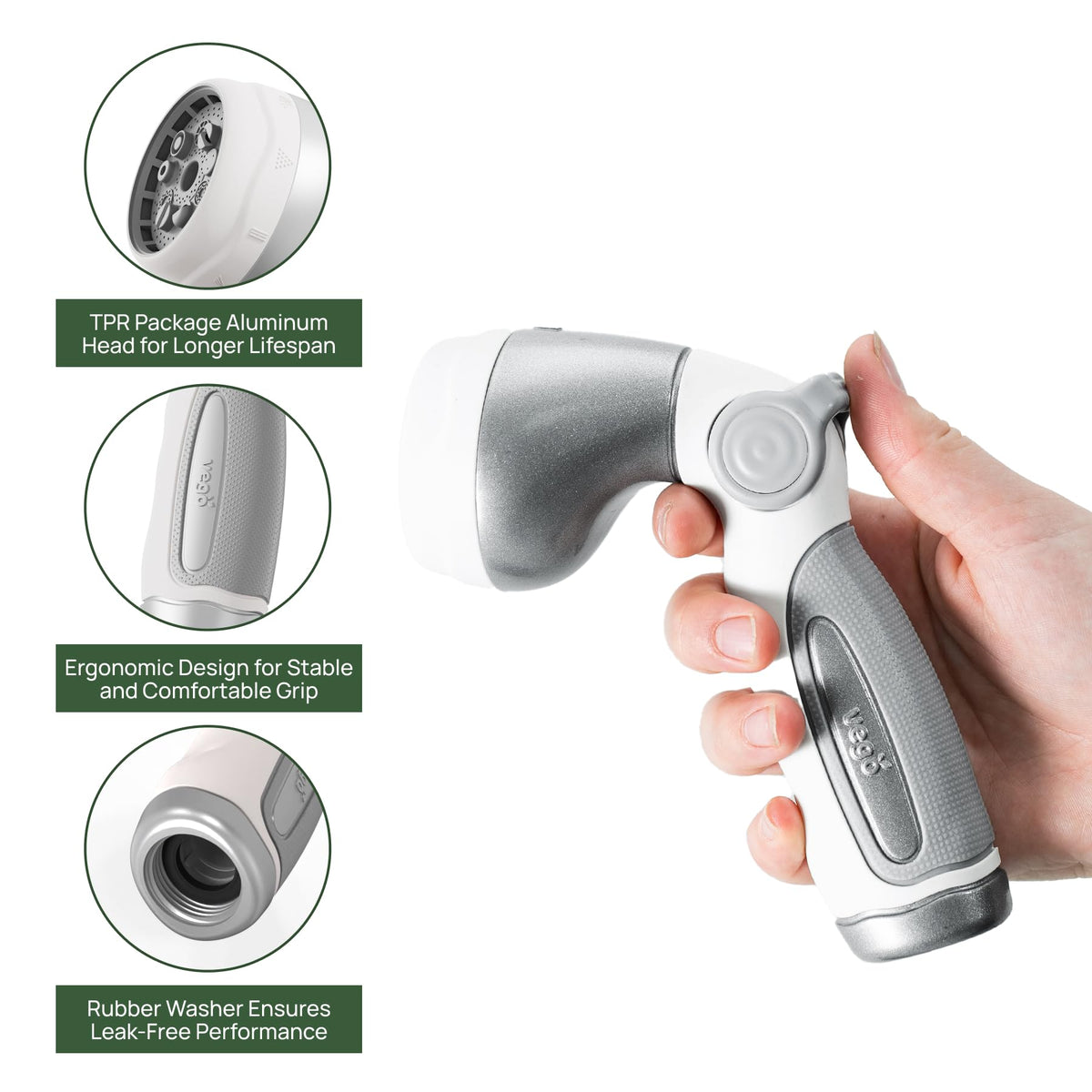 Vego Garden Hose Nozzle metal body highlighting rugged durability for outdoor tasks.