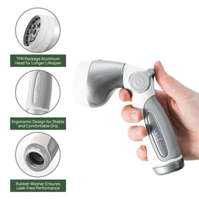 Vego Garden Hose Nozzle metal body highlighting rugged durability for outdoor tasks.