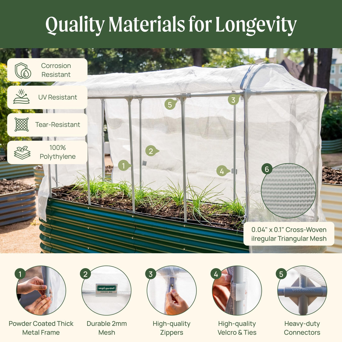 Vego Garden UV-resistant mesh cover shielding crops while allowing light