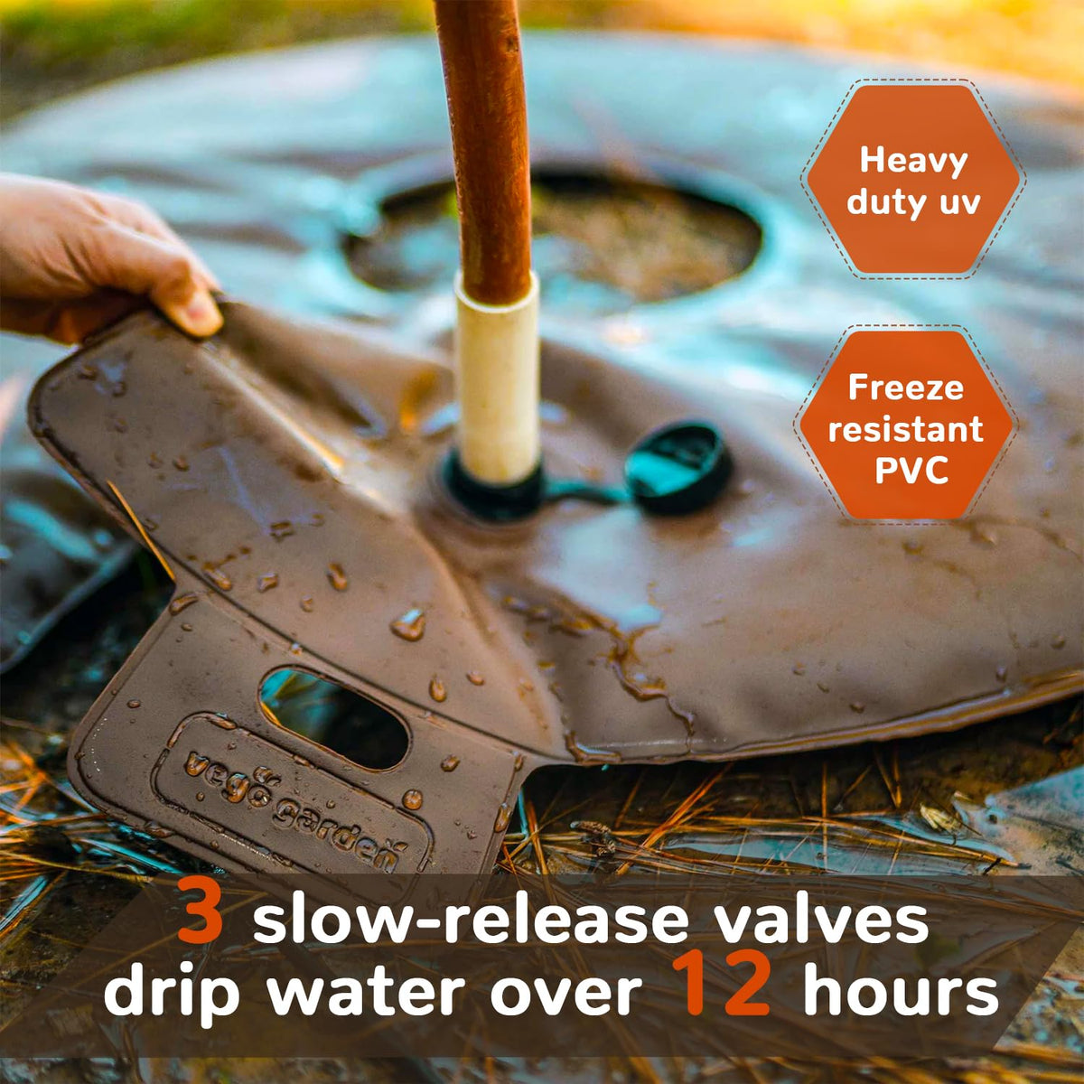 Vego Garden tree watering ring features UV-resistant construction for sun exposure.