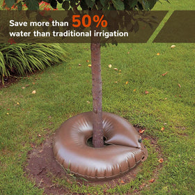 Vego Garden tree watering ring shown wrapped around a trunk for easy setup.