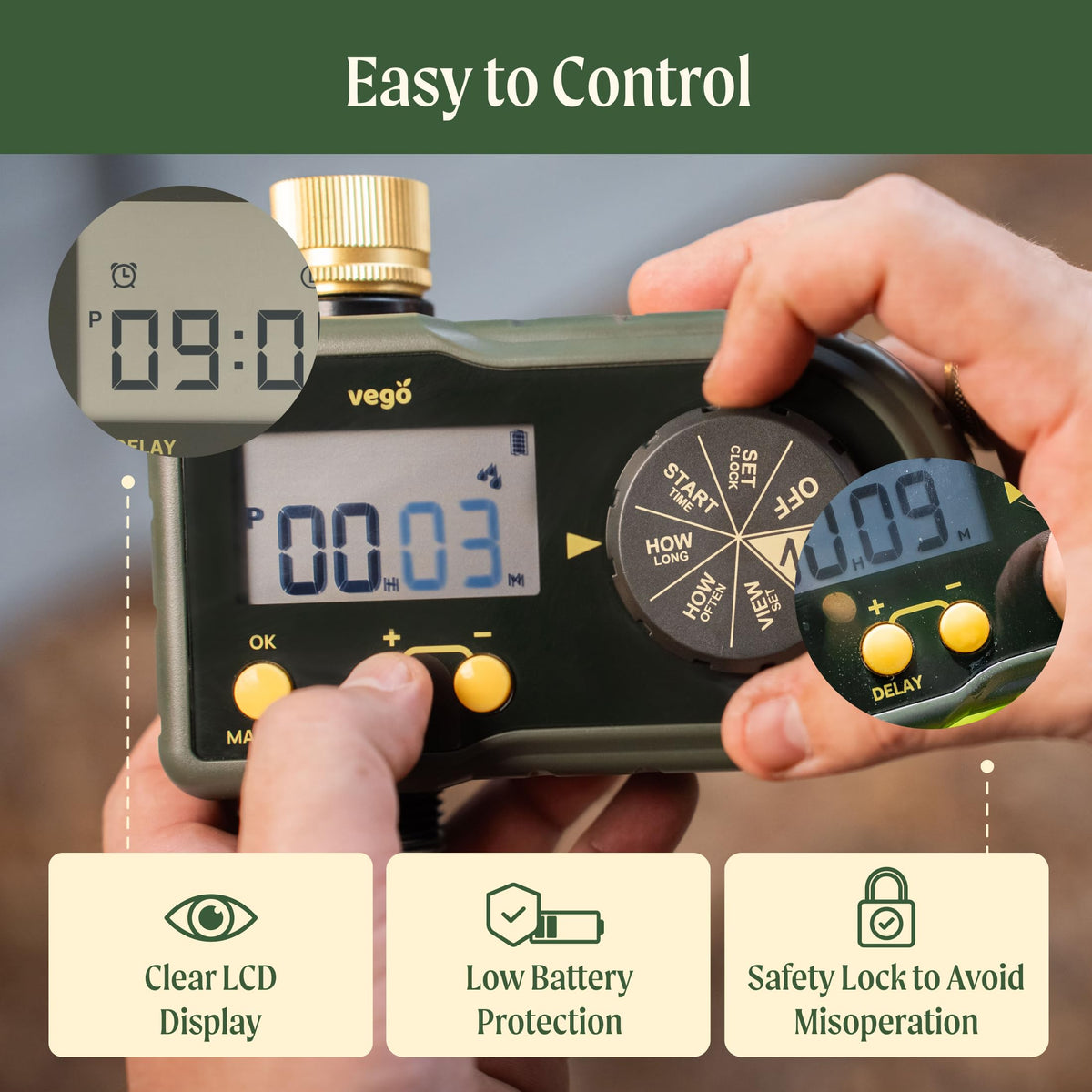 Vego LCD display shows battery status for easy monitoring.