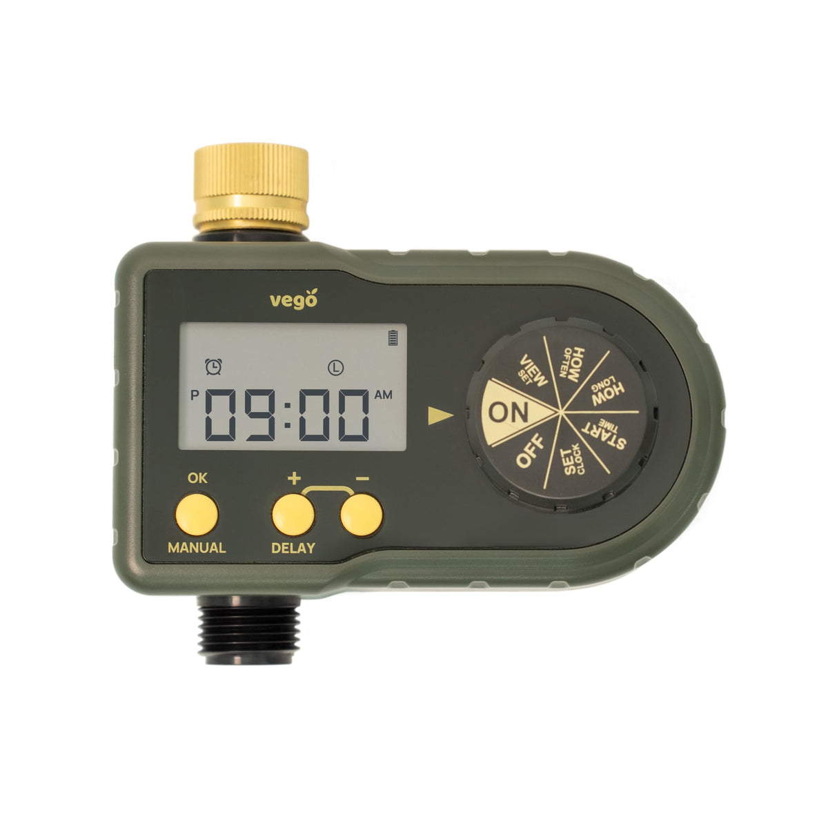 Vego sprinkler timer with brass inlet enabling precise zone watering control.