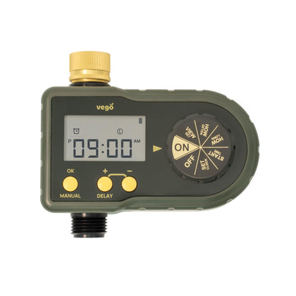 Vego sprinkler timer with brass inlet enabling precise zone watering control.