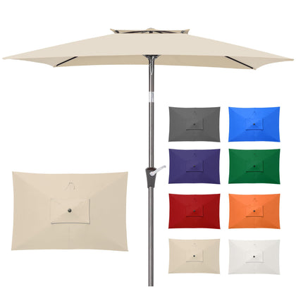 VEGOND 6-6x10ft rectangle umbrella beige canopy provides broad shade for outdoor meals.