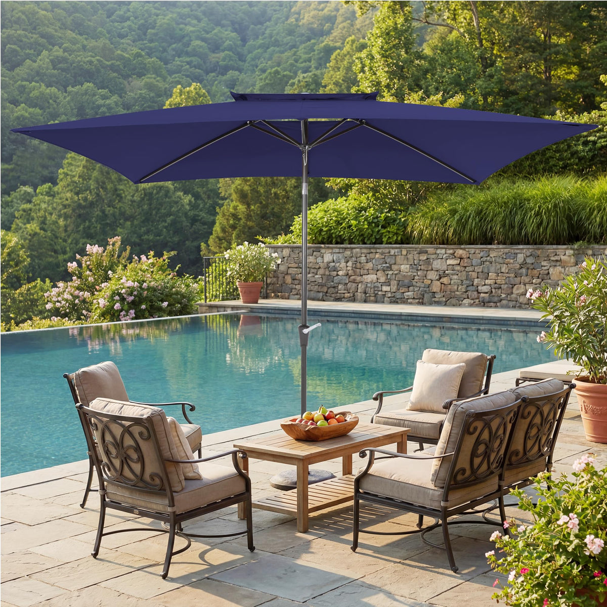 VEGOND navy rectangle umbrella frame detail with powder-coated ribs