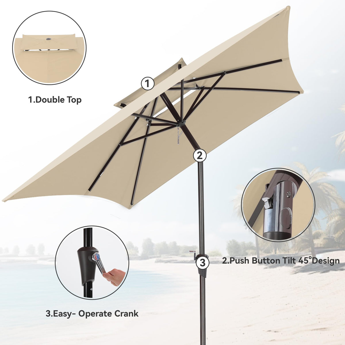 VEGOND rectangle umbrella crank system enables easy opening and closing for quick shade.