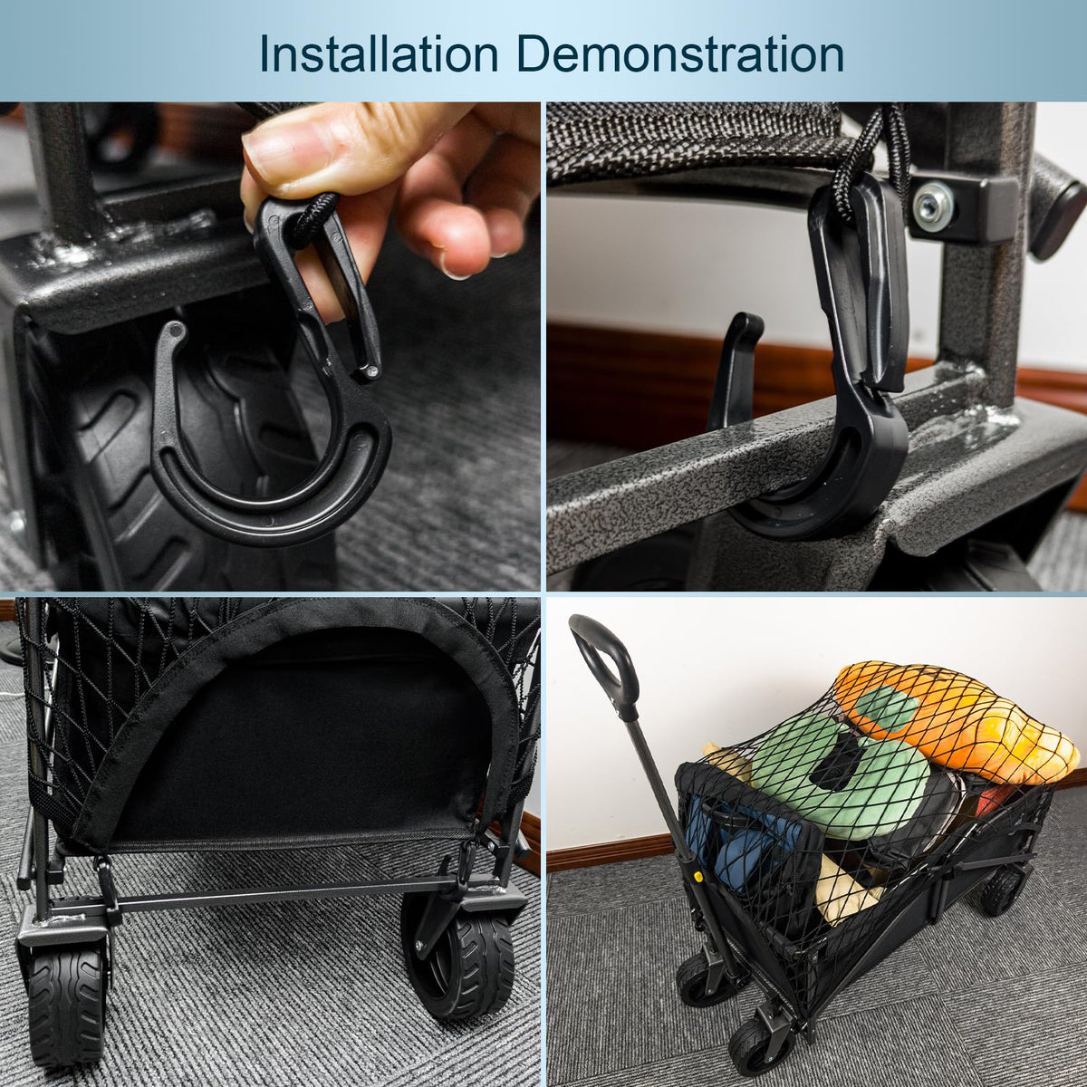 VEHIRIE cargo net with ABS hooks for reliable attachment on a trolley.
