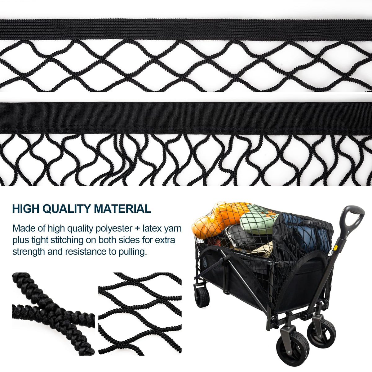VEHIRIE cargo net on folding wagon shows quick, stable setup for gear.