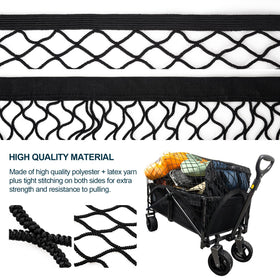 VEHIRIE cargo net on folding wagon shows quick, stable setup for gear.