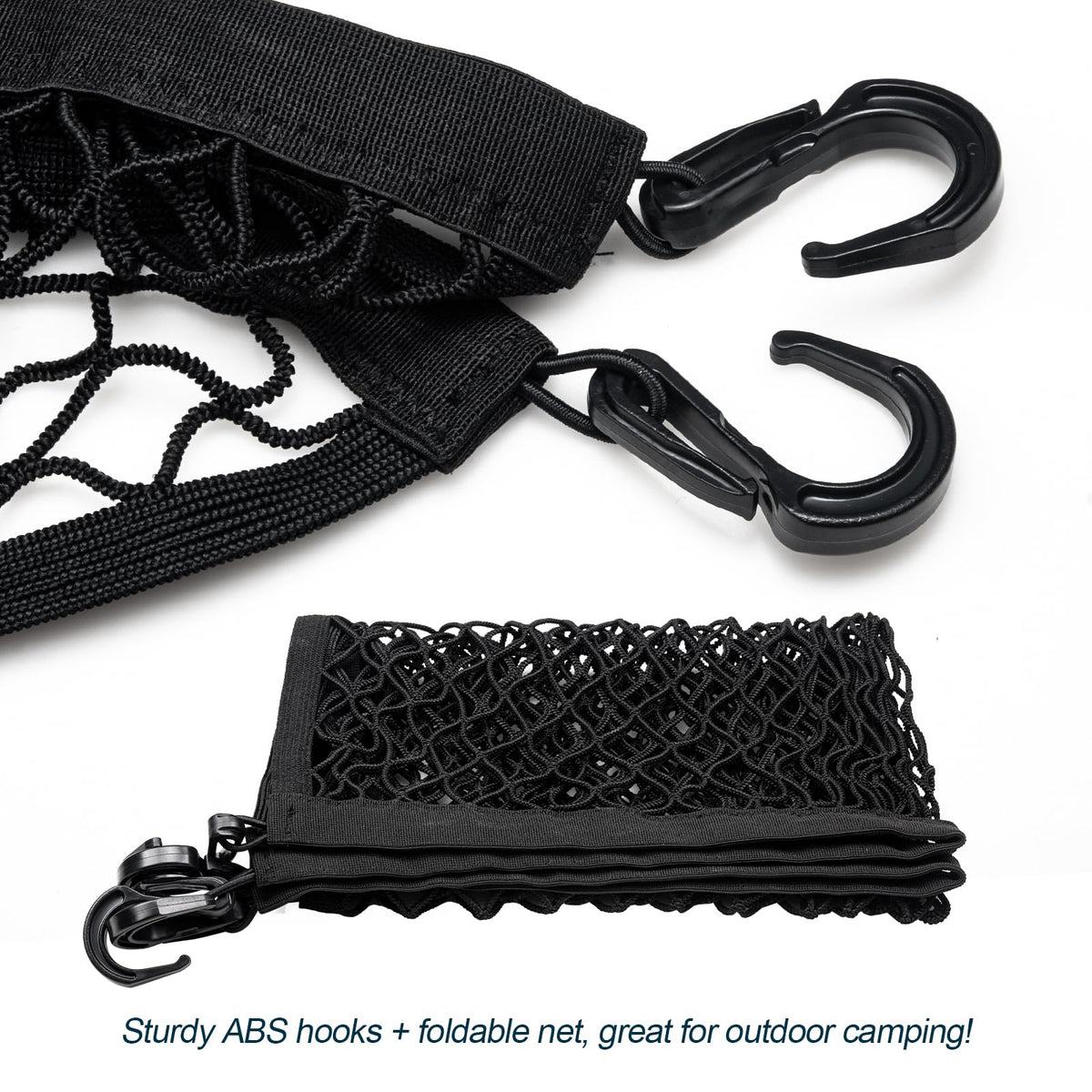 Close-up of VEHIRIE elastic cargo net weaving and durable hooks.