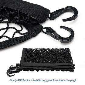 Close-up of VEHIRIE elastic cargo net weaving and durable hooks.