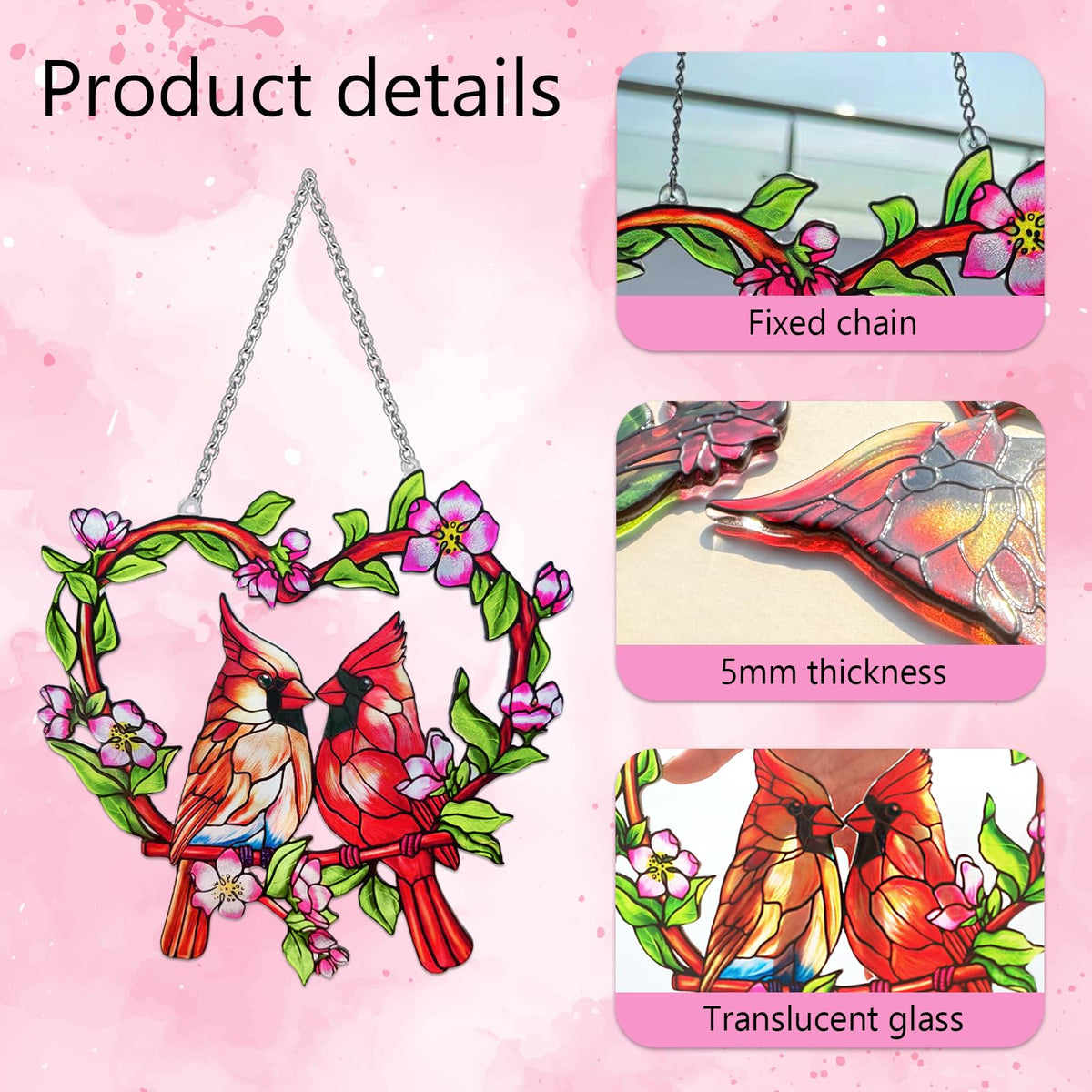 Velaboll cardinal décor for home—vibrant stained glass window ornament for sunlit spaces.