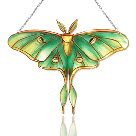 Velaboll Luna Moth suncatcher front view with vivid stained glass