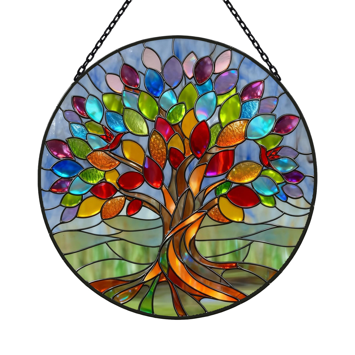 Velasyart Tree of Life stained glass window hanging catches sunlight with vibrant colors.