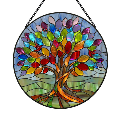 Velasyart Tree of Life stained glass window hanging catches sunlight with vibrant colors.
