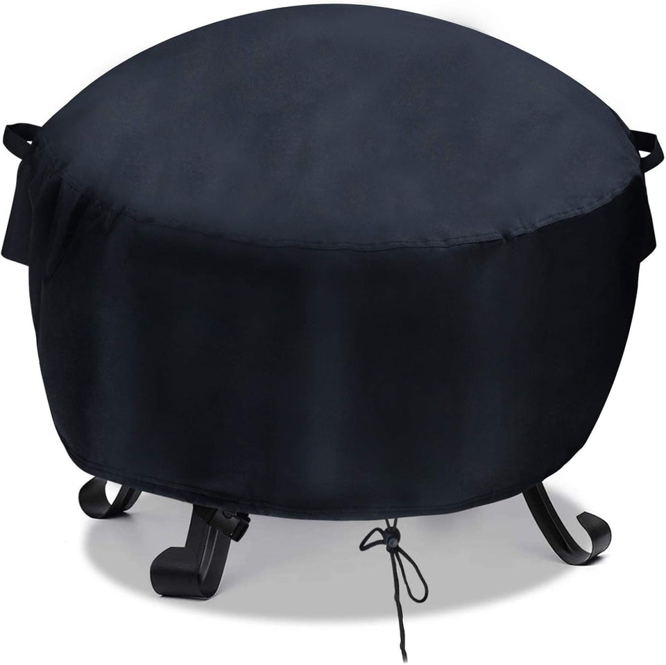 Velfree 26-inch round fire pit cover shielding a round pit from weather and debris