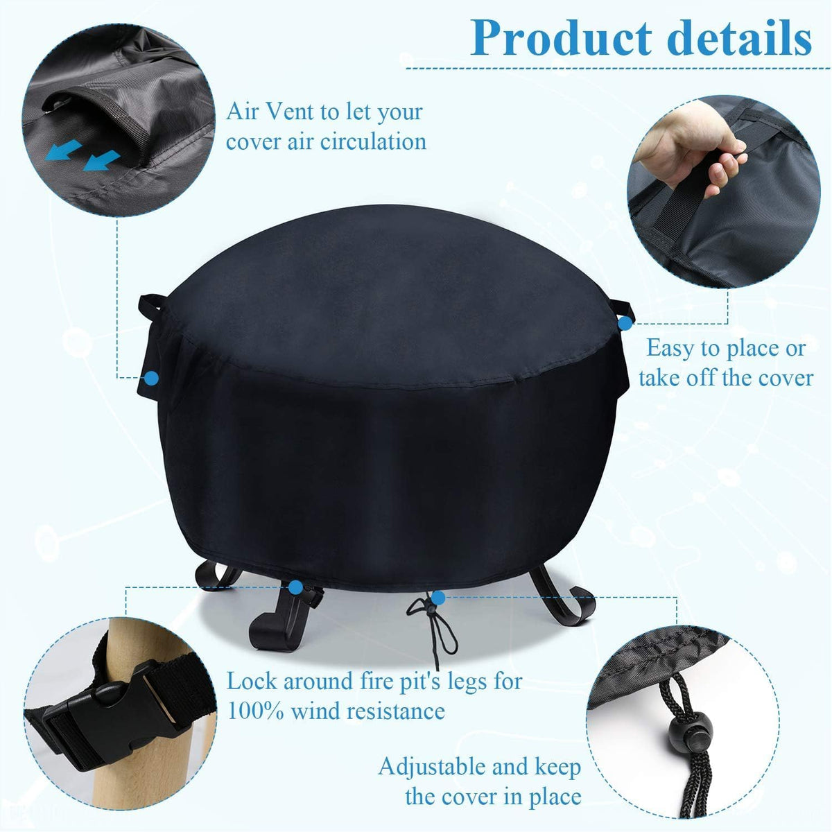 Velfree waterproof oxford fabric protecting the fire pit from rain and dust