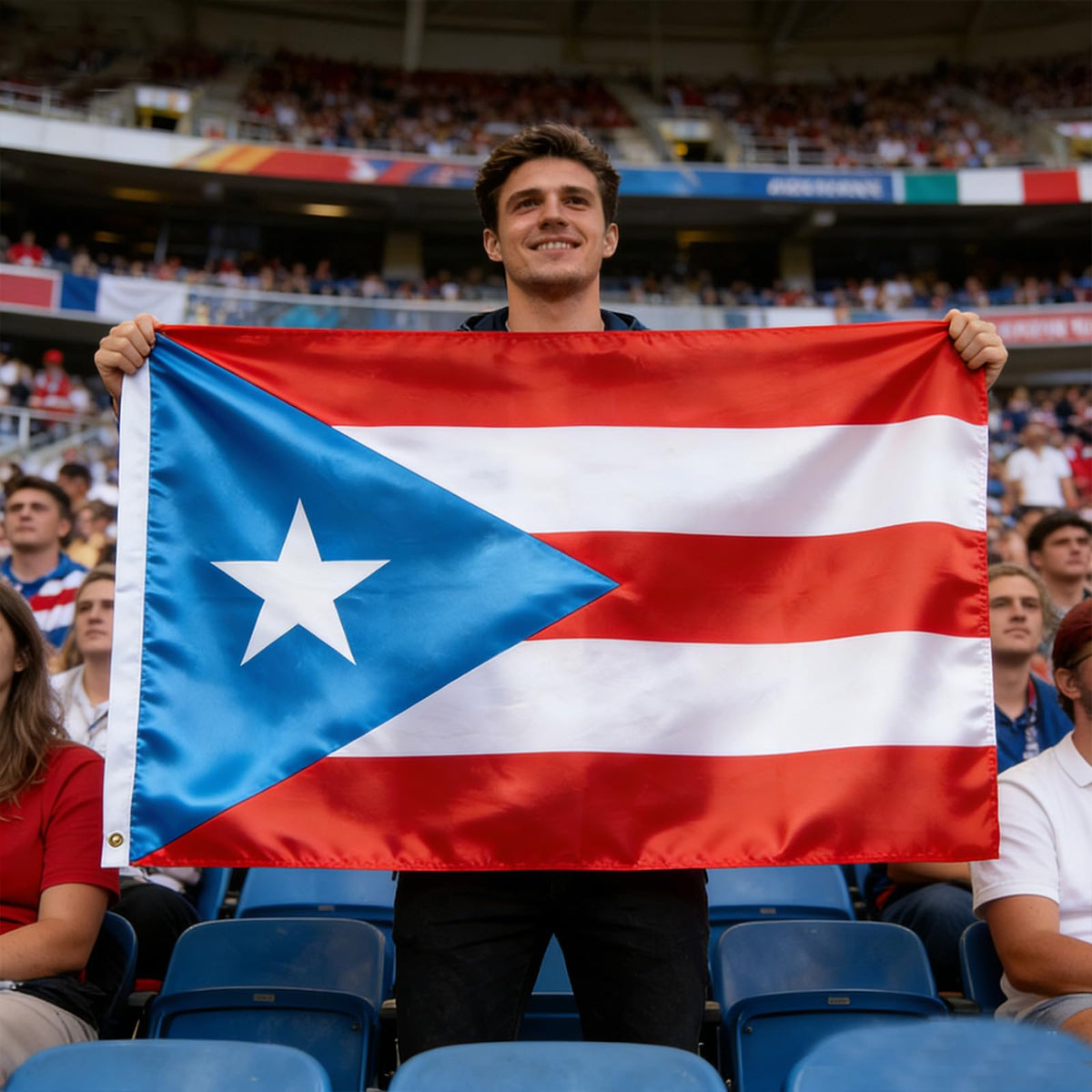 VELIFFCO Puerto Rico flag fabric detail, wrinkle-resistant polyester for quick setup