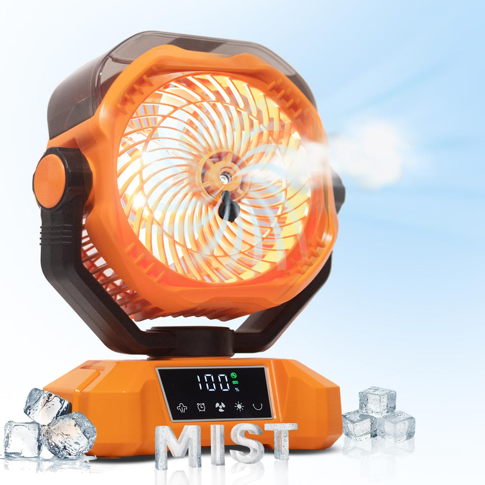 Vellrive misting fan with 20000mAh battery for cordless outdoor cooling.