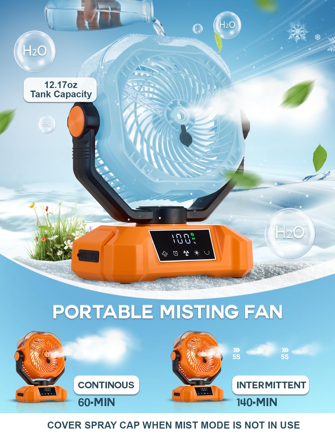 Vellrive misting fan shows 90-degree oscillation for even airflow at campsites.
