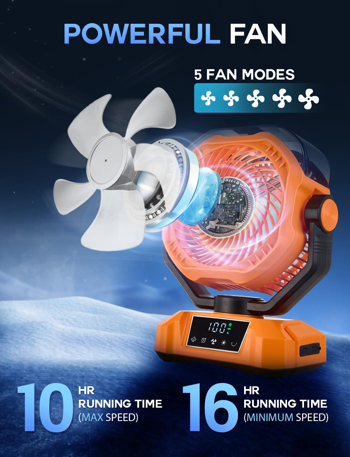 Vellrive misting fan with three lighting levels for tents and evenings.