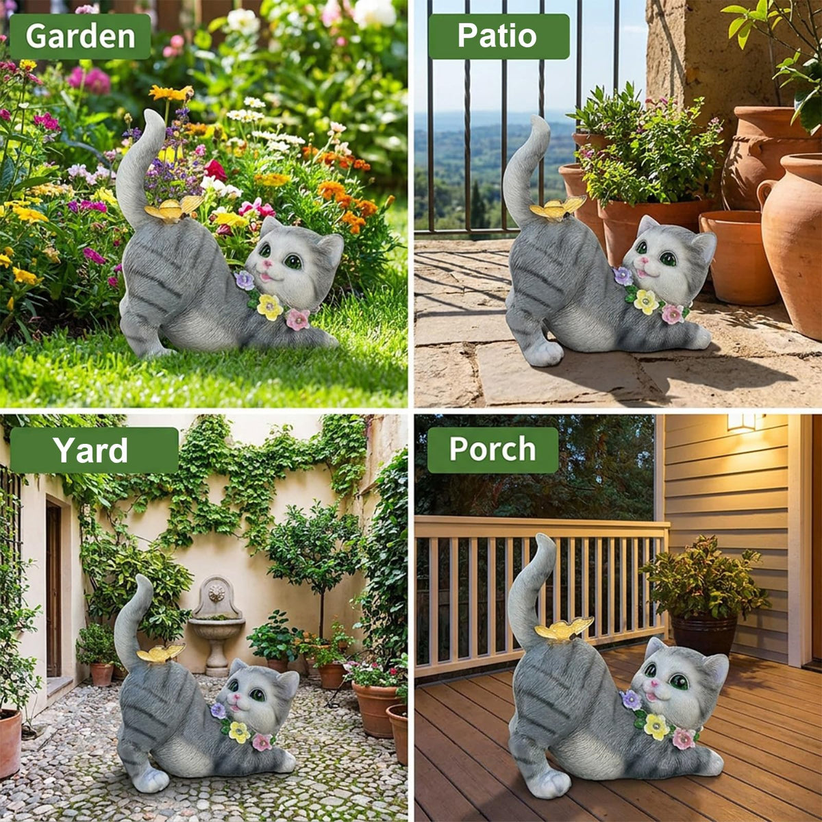 VelluraCove solar panel cat statue delivers longer illumination for evenings outdoors.