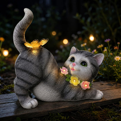 VelluraCove solar cat garden statue enhances outdoor charm with subtle night light.