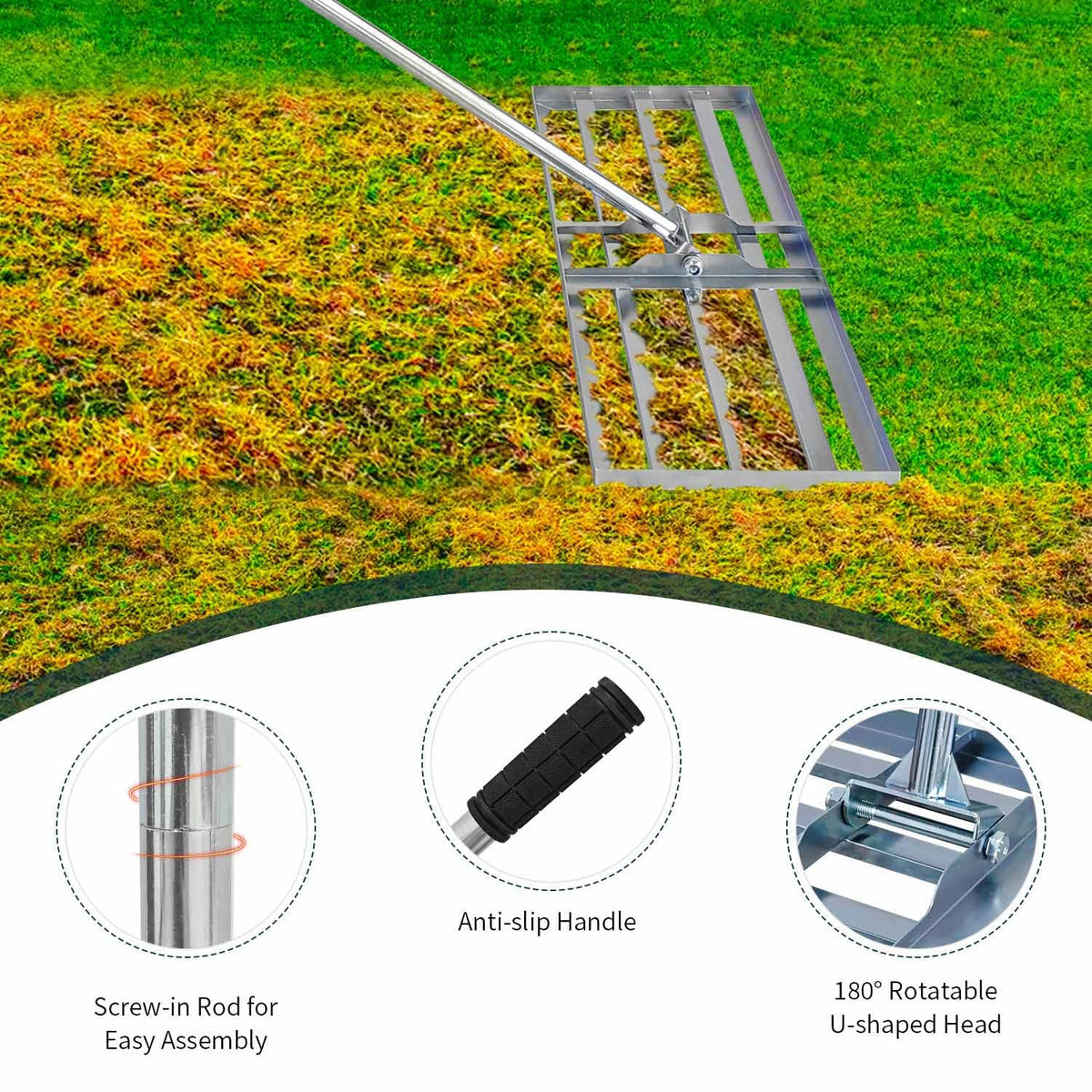 Veltec Lawn Leveling Rake steel construction close-up built for durability.