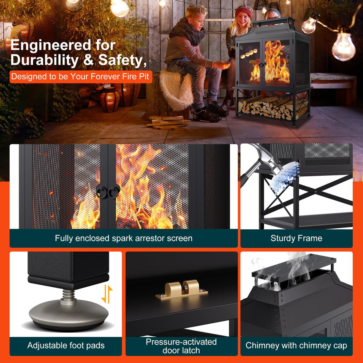 Veluvia built-in firewood rack keeps logs organized for easy access.