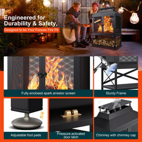 Veluvia built-in firewood rack keeps logs organized for easy access.