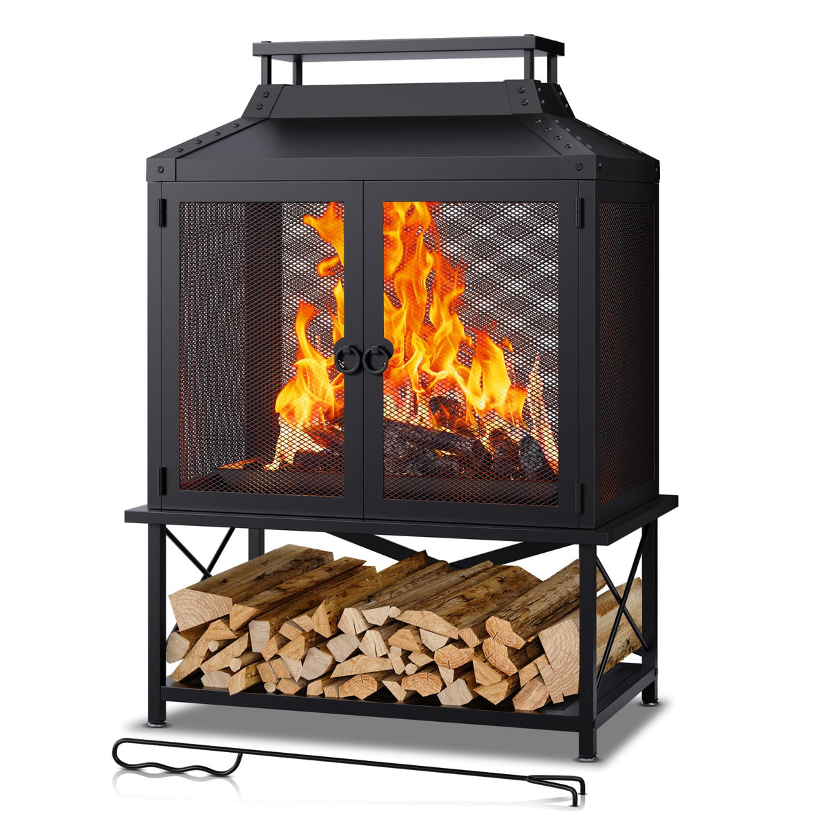 Veluvia metal outdoor fireplace with square chiminea ideal for patios and cozy evenings.