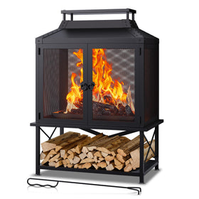 Veluvia metal outdoor fireplace with square chiminea ideal for patios and cozy evenings.
