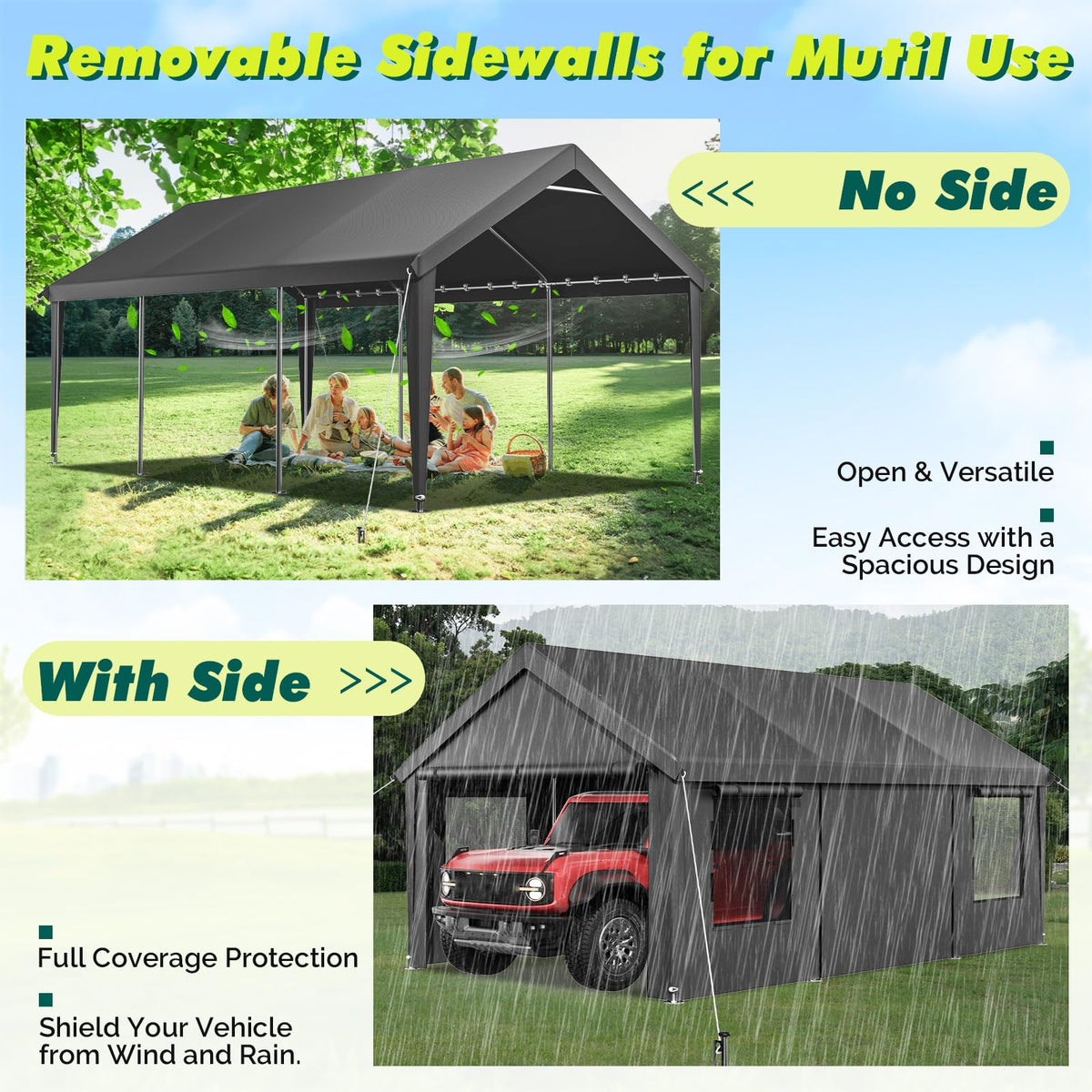 Velway carport ground stakes and wind ropes stabilize the shelter