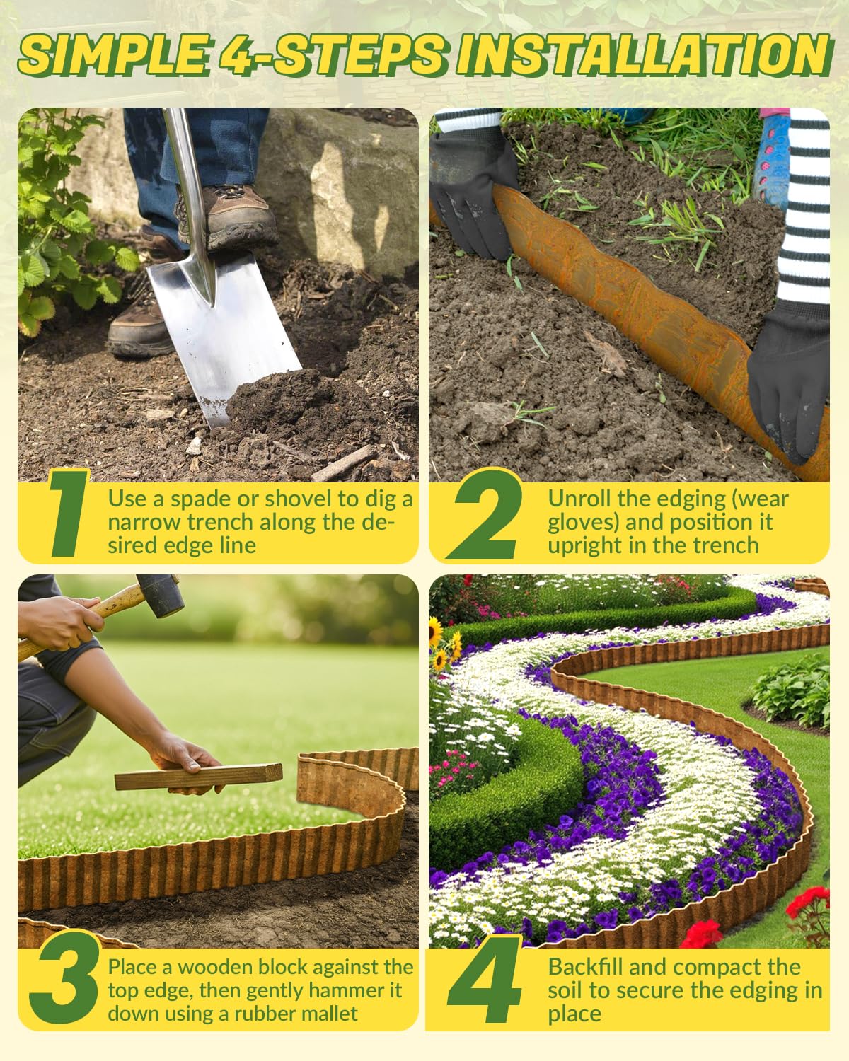 Velway flower-bed border edging offers crisp separation for planting areas.