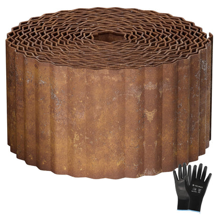 Velway rusty-finish corrugated garden edging defines flower beds with durable metal presence.