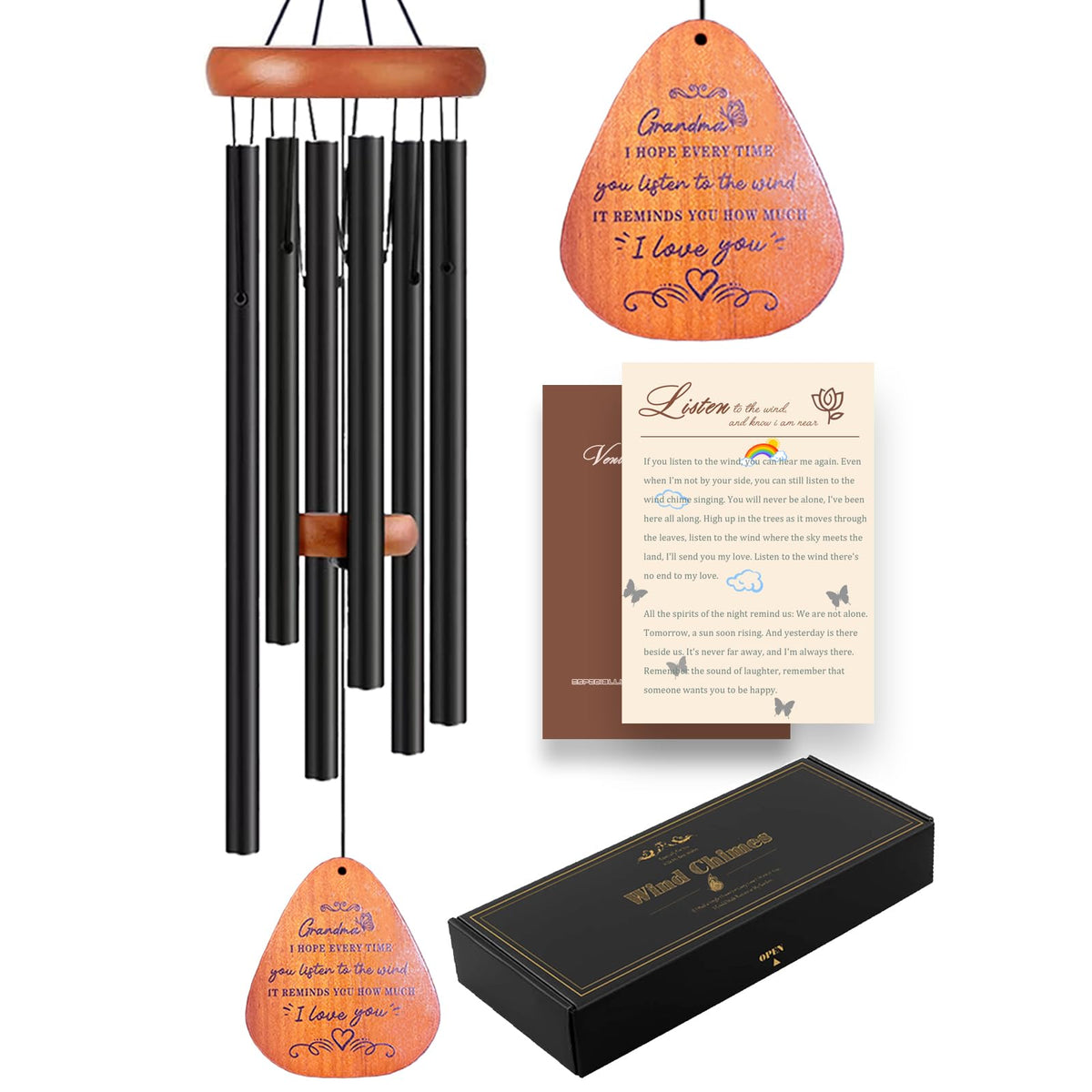 VENBEEL grandma wind chime butterfly close-up with engraved blessing