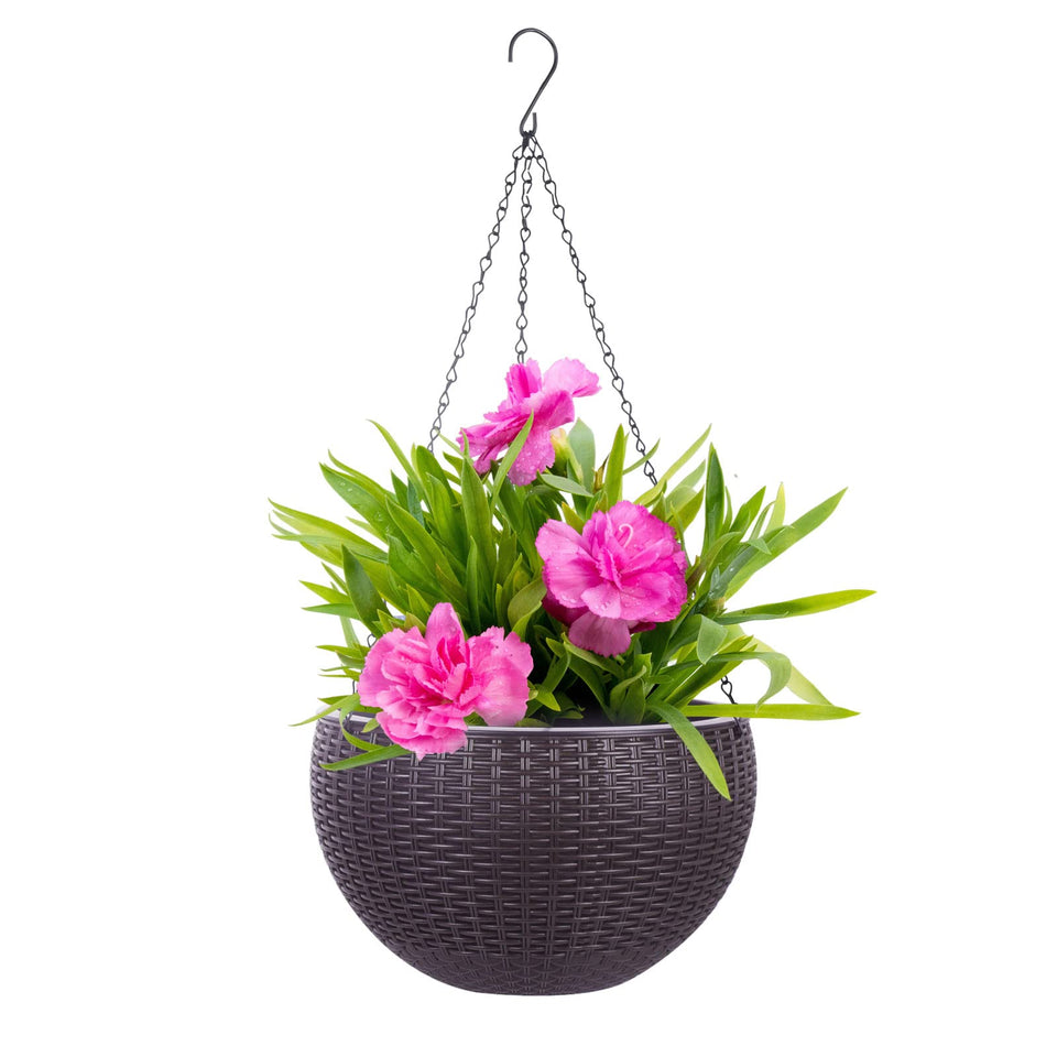 Vencer 11-inch round resin rattan planter close-up with durable chain