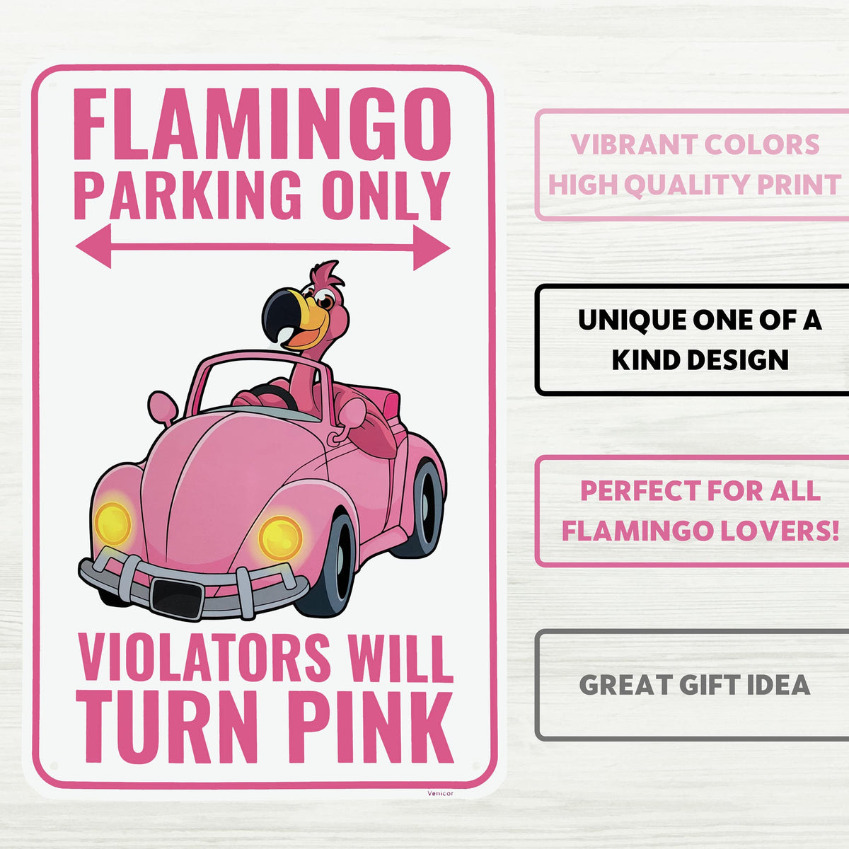 Venicor Flamingo Parking sign close-up features durable metal and vibrant color for porch posts.