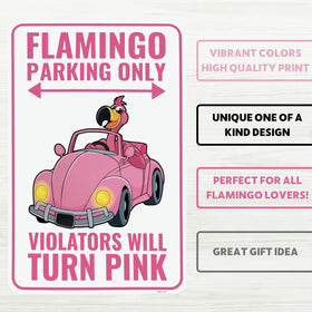 Venicor Flamingo Parking sign close-up features durable metal and vibrant color for porch posts.