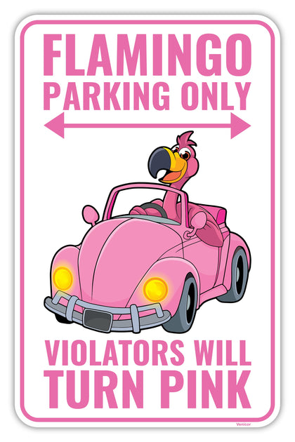 Venicor Flamingo Parking sign front view highlights bold pink design for yard or door accents.