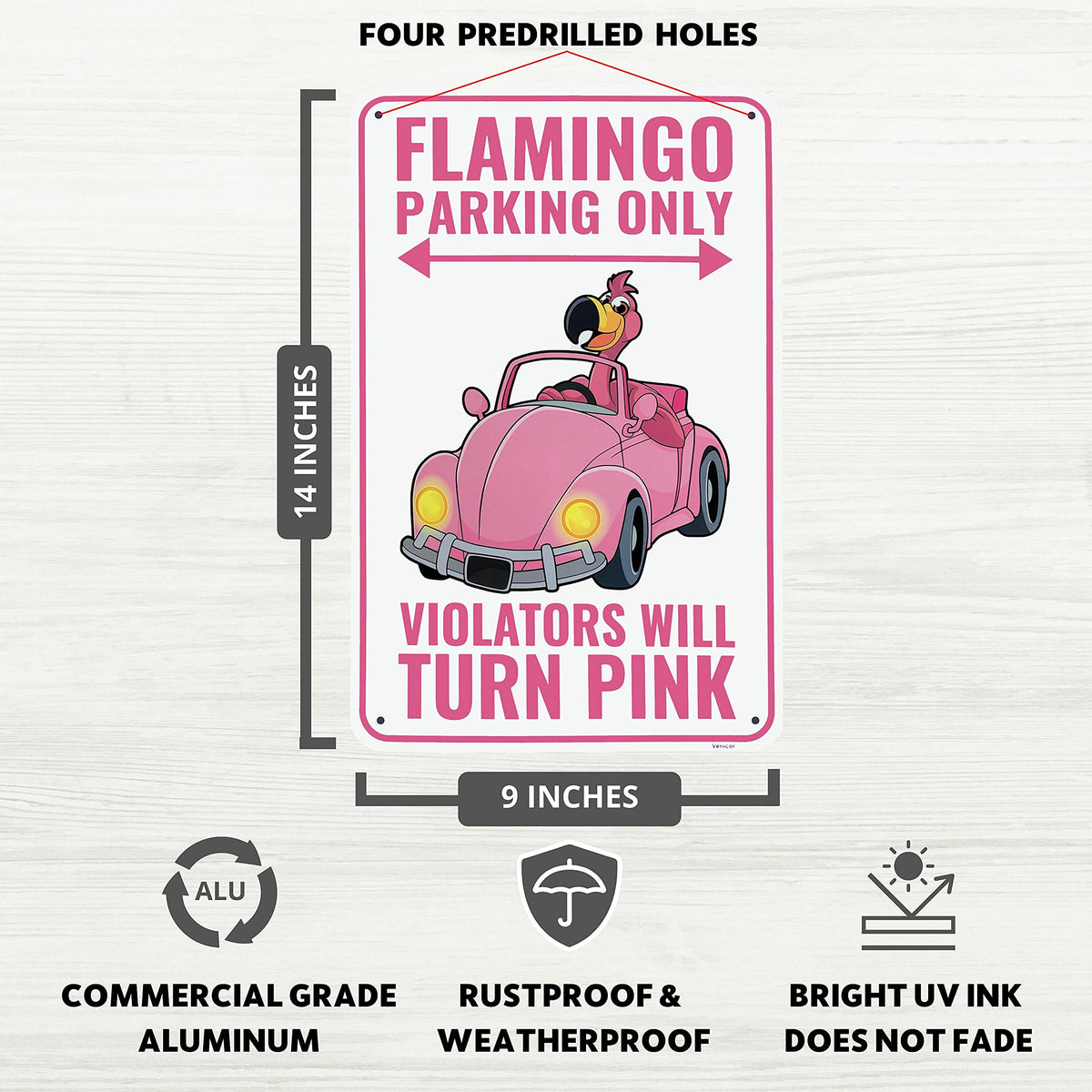 Venicor Flamingo Parking sign outdoor decor shows weatherproof aluminum for garden displays.