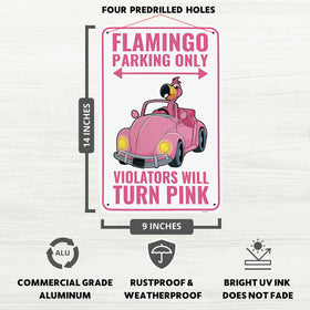 Venicor Flamingo Parking sign outdoor decor shows weatherproof aluminum for garden displays.