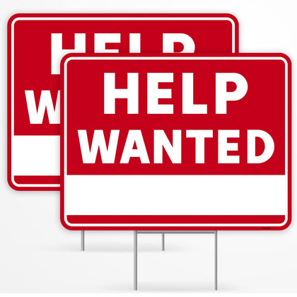 Venicor help wanted sign 17x13 front view on stake improves visibility