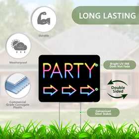 Venicor outdoor yard sign with arrow highlights party entrance and flow.