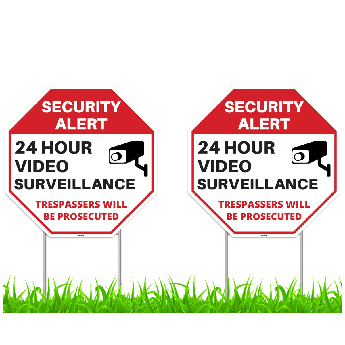 Venicor surveillance sign 12x12 with stakes improves yard visibility.