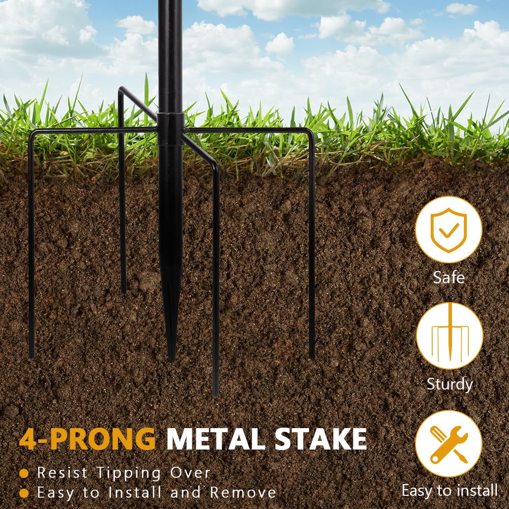 Four-prong ground stake provides stable placement in the yard.