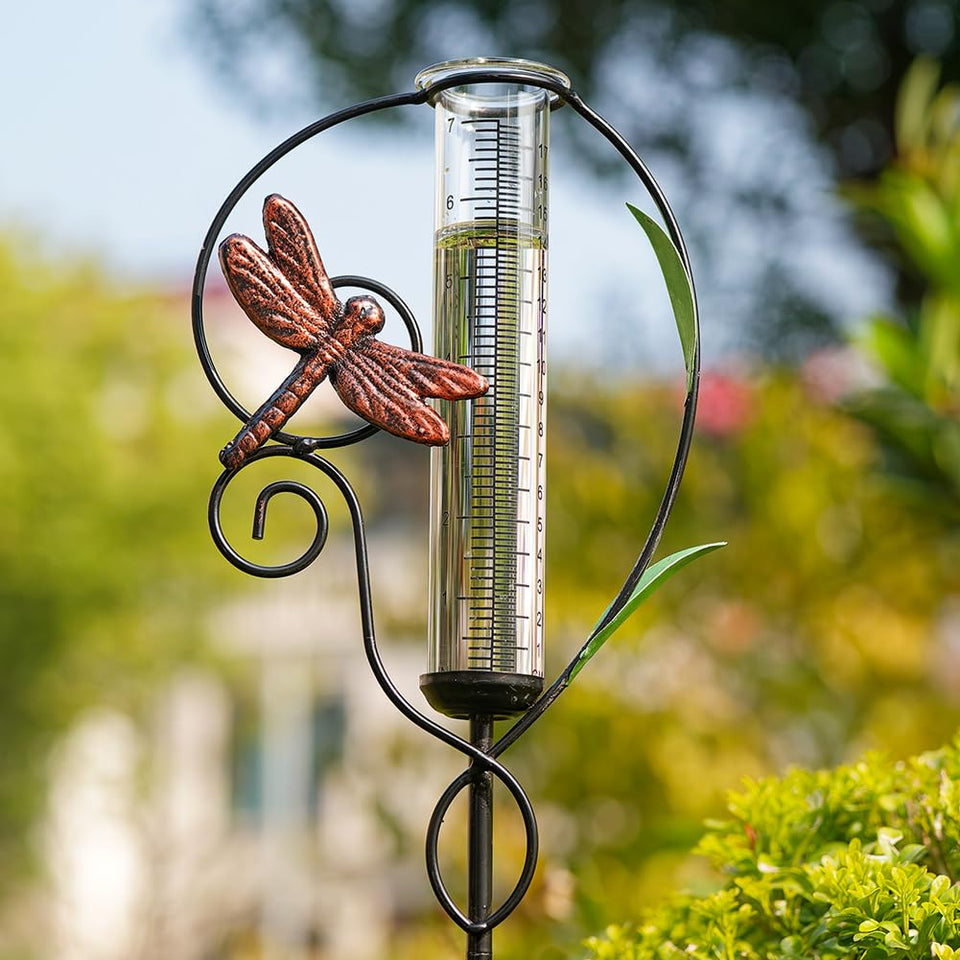 Venniy Dragonfly Rain Gauge with a 7-inch tube for precise rainfall measurements.